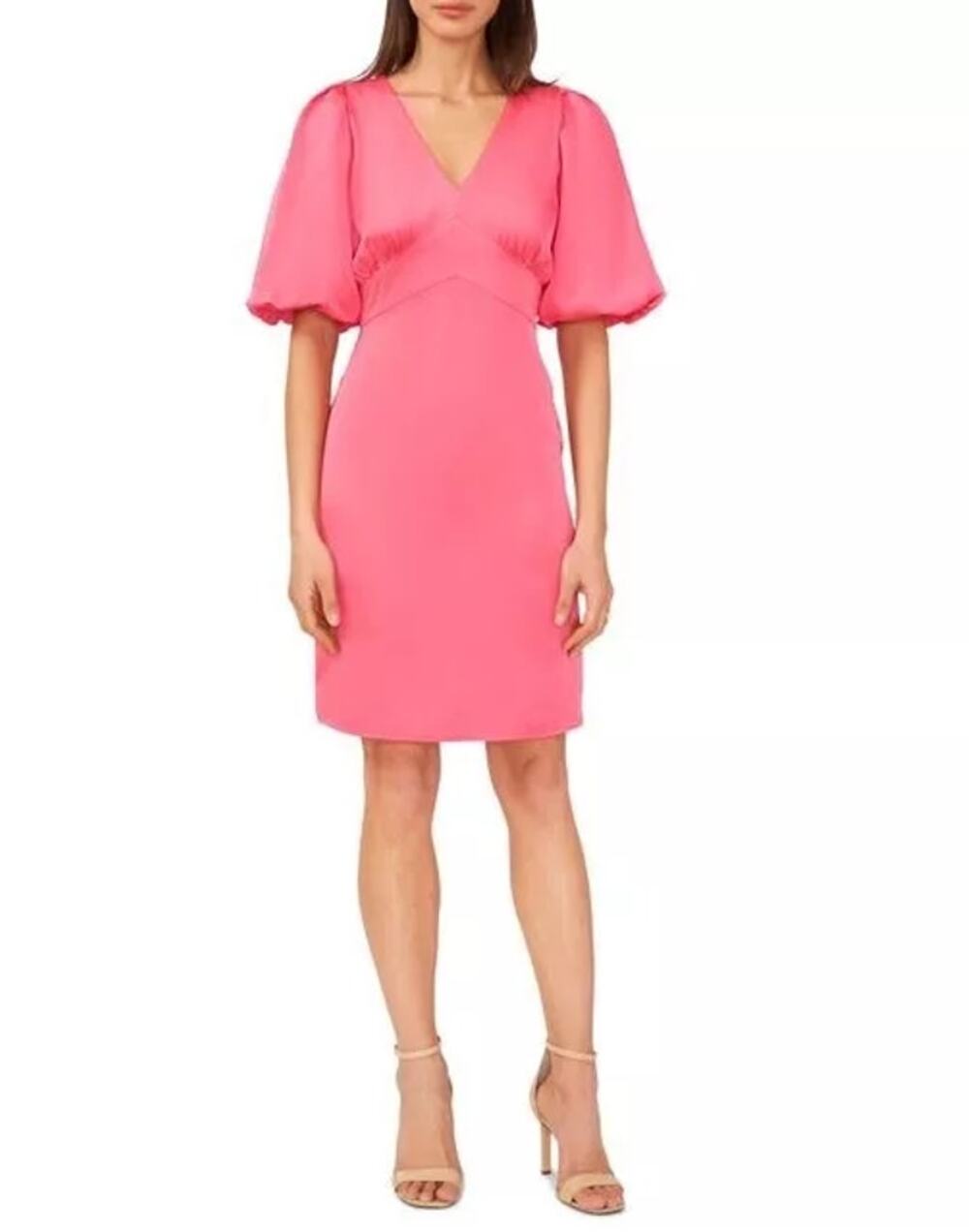 Halogen Puff Sleeve Satin Dress V-Neck Empire Waist Hot Pink Womens Size Medium